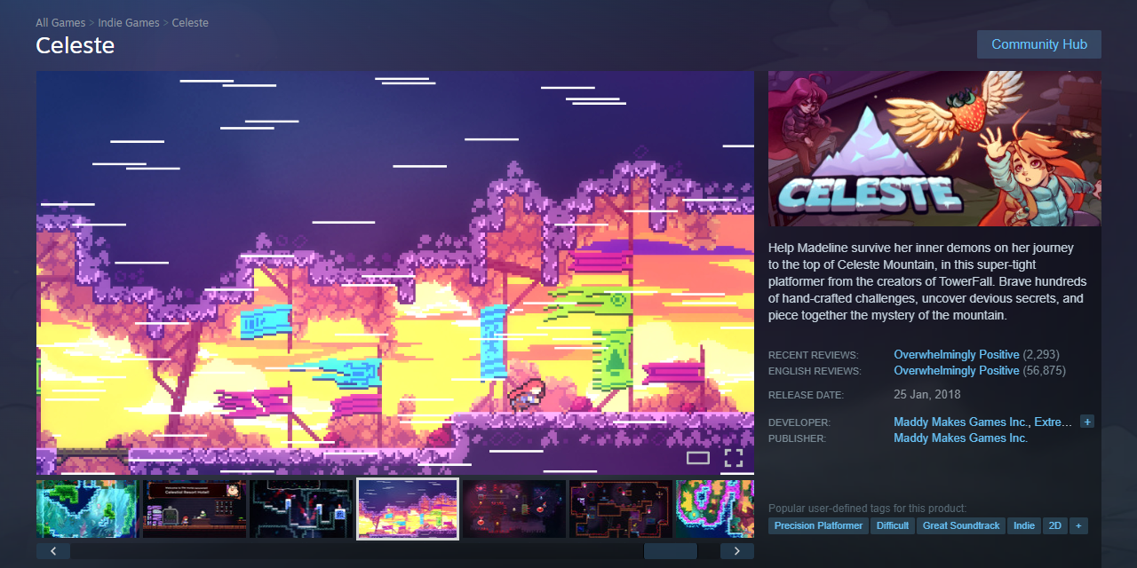 Celeste-pelin kauppasivu Steamissa